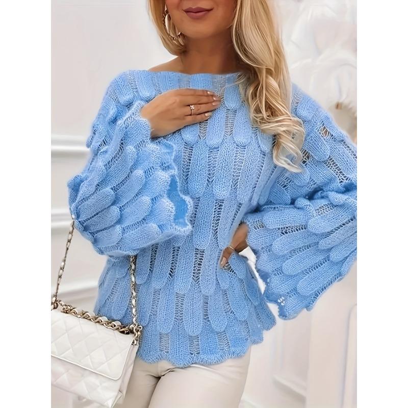Solid Cut Out Knitted Pullover Sweater, Elegant Flared Sleeve Sweater, Women's Clothing
