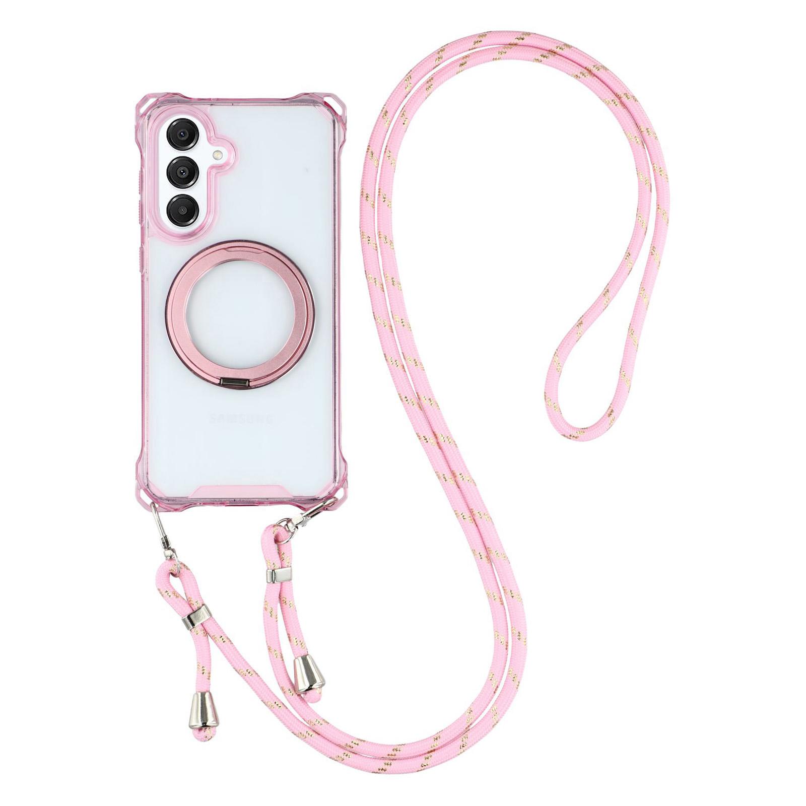 

For Samsung Galaxy A16 5G/4G Magnetic Case Ring Kickstand TPU+PC Phone Cover with Lanyard Pink