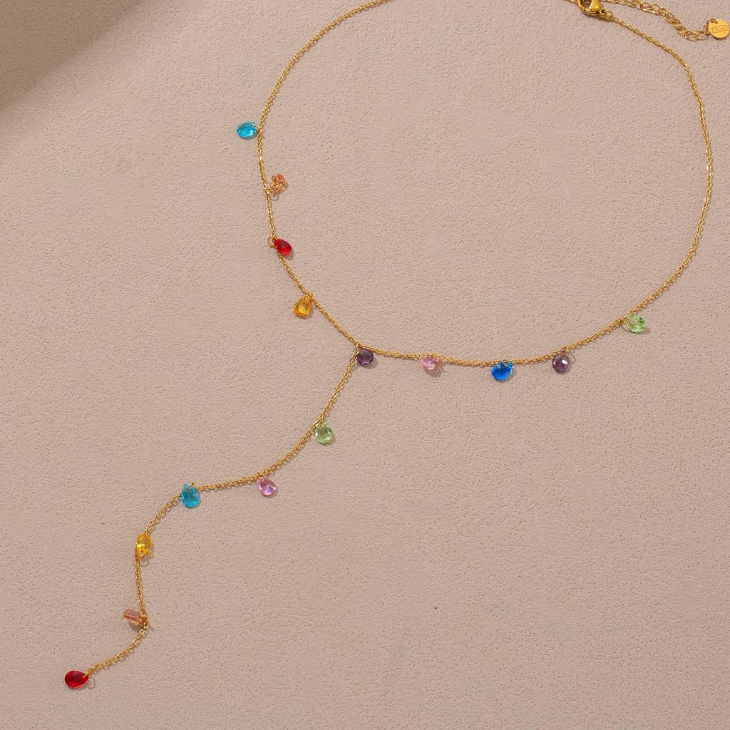 Multi-color Faceted Cubic Zirconia Water Drop Double-Layer Y-Chain Necklace