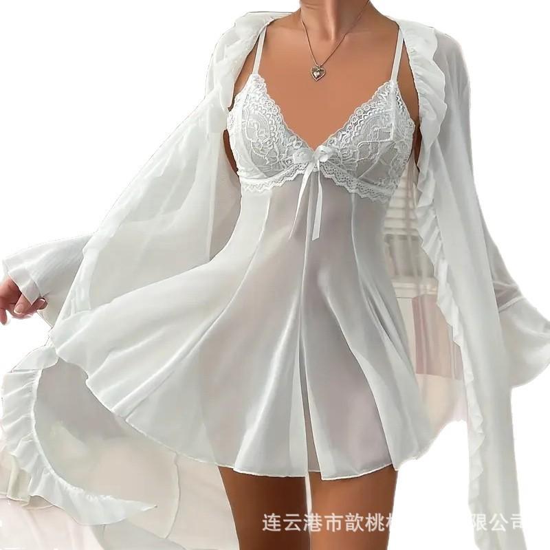 European and American large-size erotic underwear women's sexy mesh suspender nightdress loungewear robe set