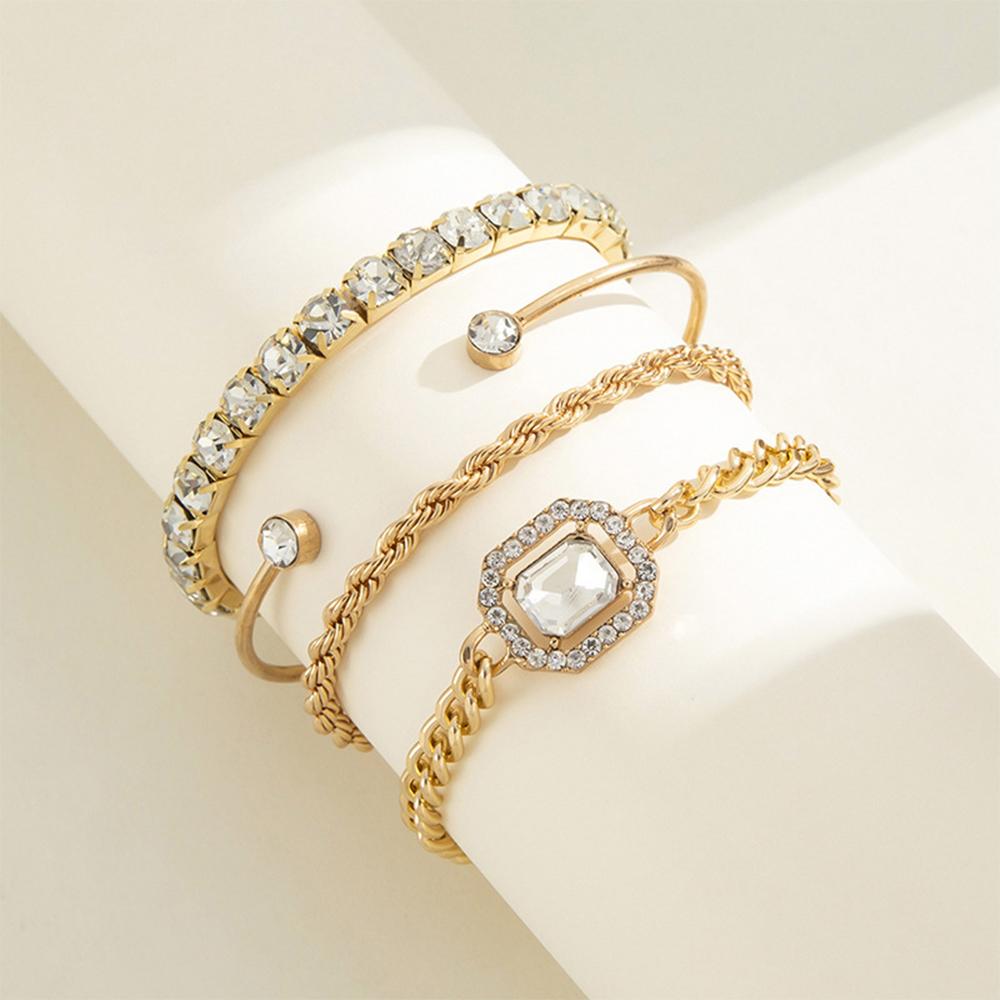 4 Piece Set Women Zircon Fashion Versatile Retro Personality Fried Dough Twists Bracelet Imitation Gem Punk Bracelet Bracelet