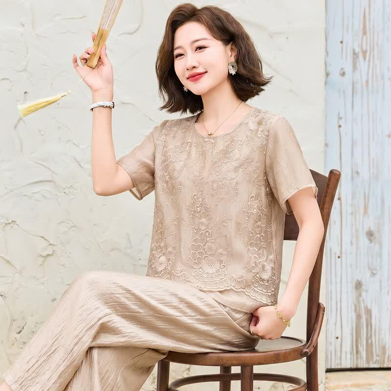 SIFONE Women s Lace Round Neck Top & Wide Leg Pants Set 3XL