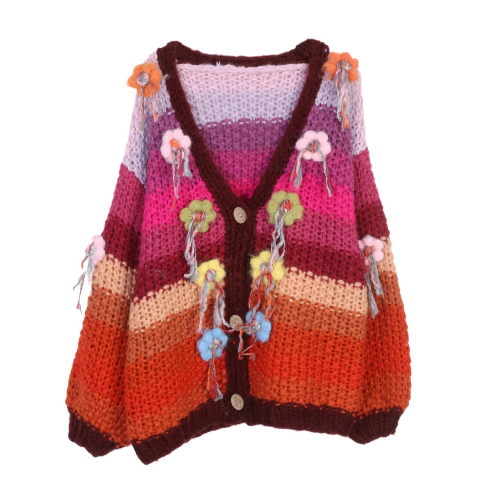 

Женский кардиган с V-образным вырезом, в полоску, ручной вязки крючком, с цветочным узором - Ленивый стиль, с длинным рукавом, свободного кроя, идеально подходит для осени и зимы. Large