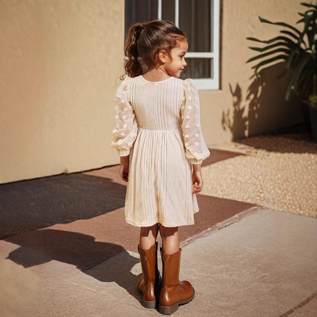 Mädchen Rundhals Langarm Puffärmel Mode Lässig Strickkleid Süßes Kleid für Kinder