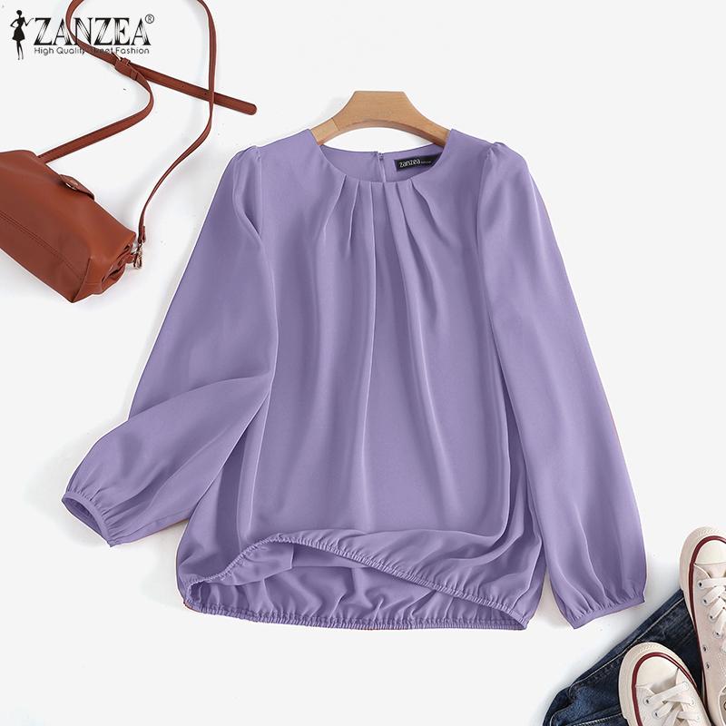 

ZANZEA Однотонная свободная повседневная блузка с круглым вырезом и длинными рукавами