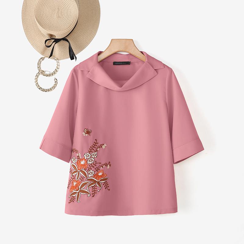 

ZANZEA Женская повседневная блузка свободного кроя с воротником-стойкой, с цветочной вышивкой, с рукавами до локтя, на лето 2XL розовый