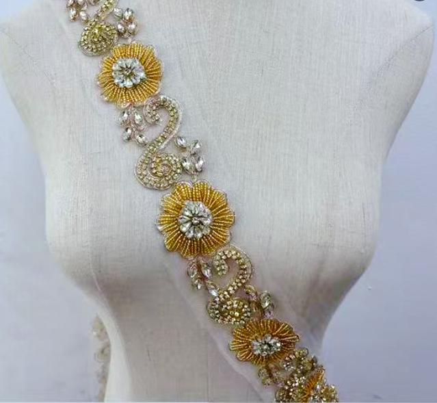RM-801 Handmade Rhinestone Lace Trim Applique Sequin Beaded Trim for Dress