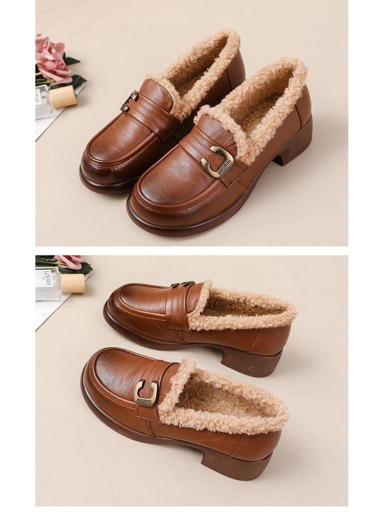 Women's Black Waterproof Non-Slip Thick Sole Velvet-Lined Casual Loafers