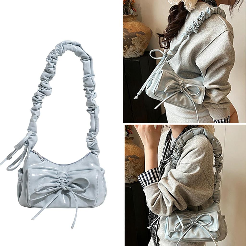 GOLWIS Ribbon Gathered Shoulder Bag with Small Handles, PU Leather, and Scrunchy Design. 2-Way Mini Shoulder Bag, Crossbody, or Handheld. Korean
