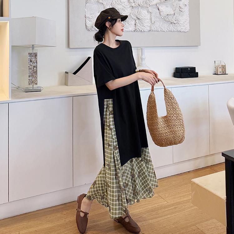 DIMANAF 2025 Femei Rochie Lungă Basic Vintage Vară Mânecă Scurtă Rochie Cămașă Carouri Cusută Casual Larg Mărimi Mari