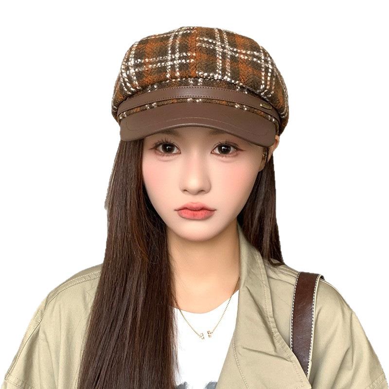 Wool Plaid Octagonal Hat for Women in Autumn and Winter PU Leather Versatile Retro Beret Temperament Fashionable Literary Painter Hat
