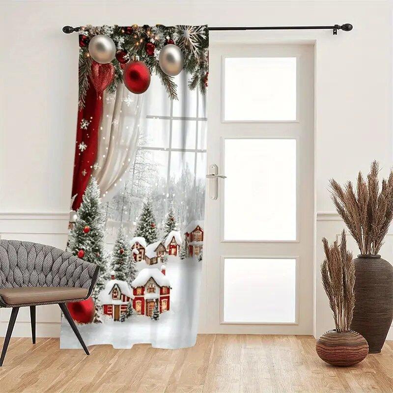 Christmas Snow Scene Forest Printed Curtains Pole Bag Home Decoration Room Curtain Set Of 2 Made Polyester Washable