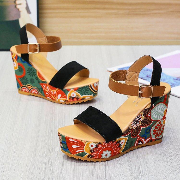 Women Sandals Shoes Printing Slope Heel High Waterproof Platform Ladies Ankle Strap Female Round Toe Summer Fashion Colorful