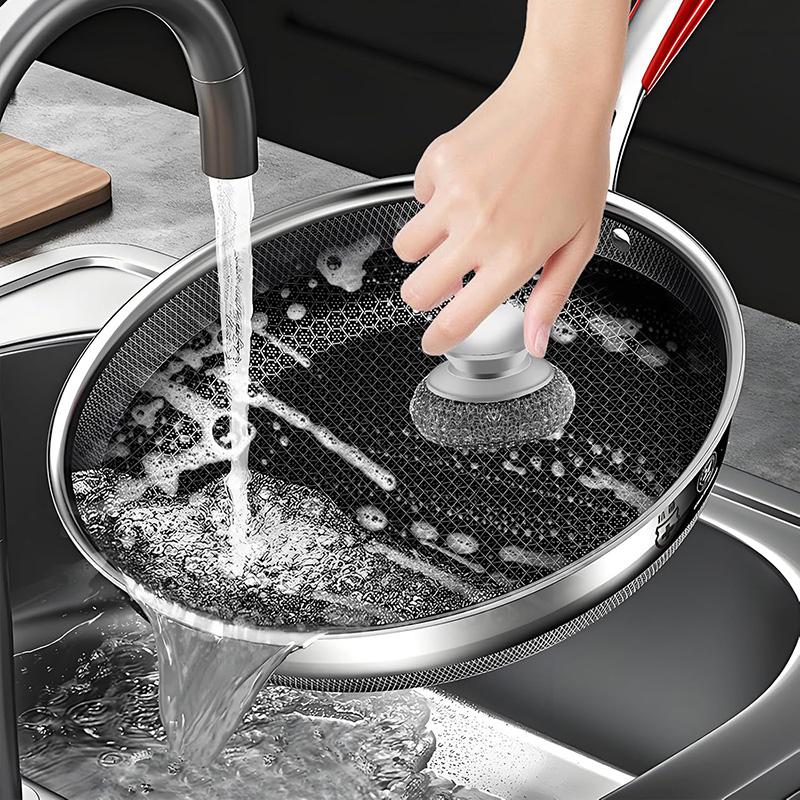 2Pcs Stainless Steel Scrubber with 2 Replacement Wire Pads Steel Wool Scrubber Pot Cleaning Brush Dishes Scrubber Cleaning Tool