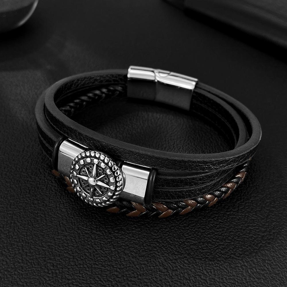 E-commerce Leather Bracelet Men's Stainless Steel Personalized Design Octagonal Star Multi-layer Woven Titanium