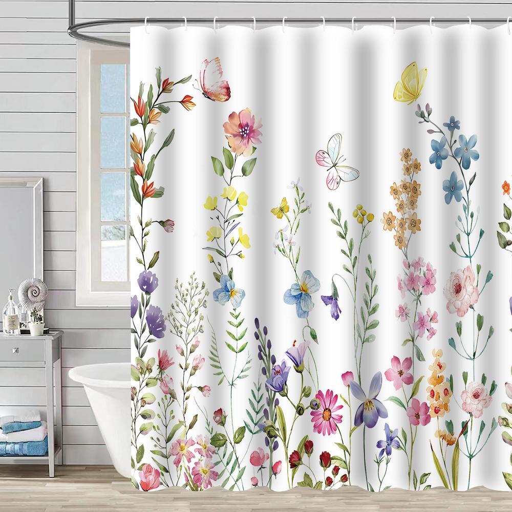 Bathroom Floral Shower Curtain, Retro Flower Farmhouse Flower Plant Butterfly Animal Bohemia, Bathtub Shower Curtain With Hooks