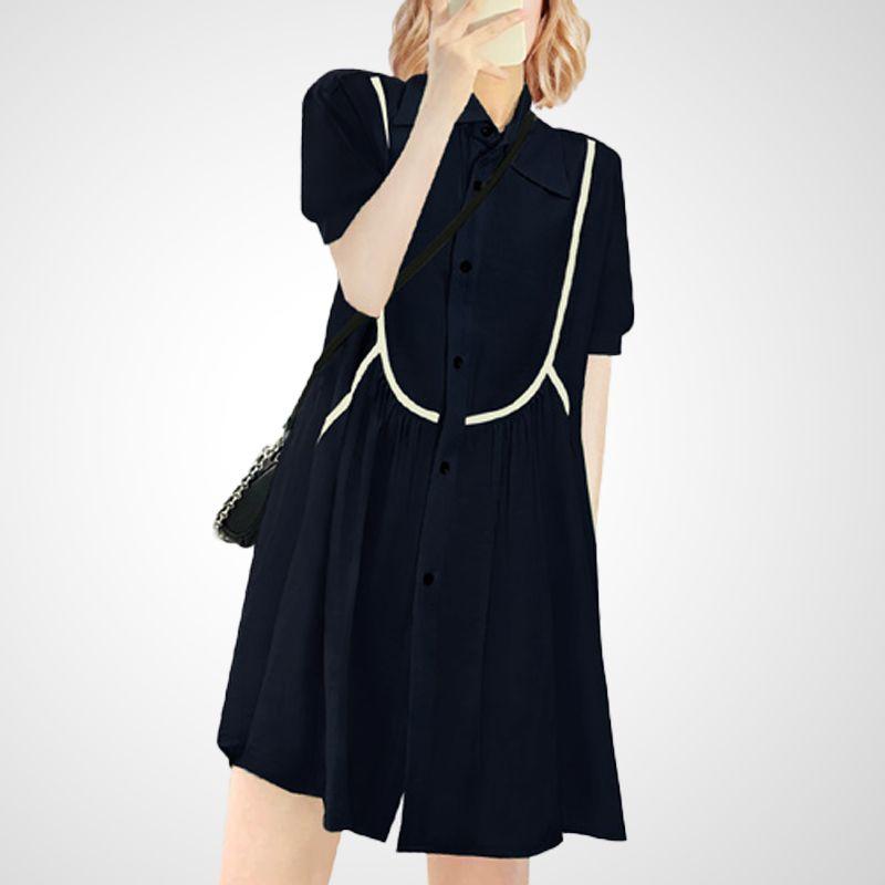 

Niche Style Slimming Summer Dress Fashion Color Contrast Shirt Dress Navy blue (short sleeve) S