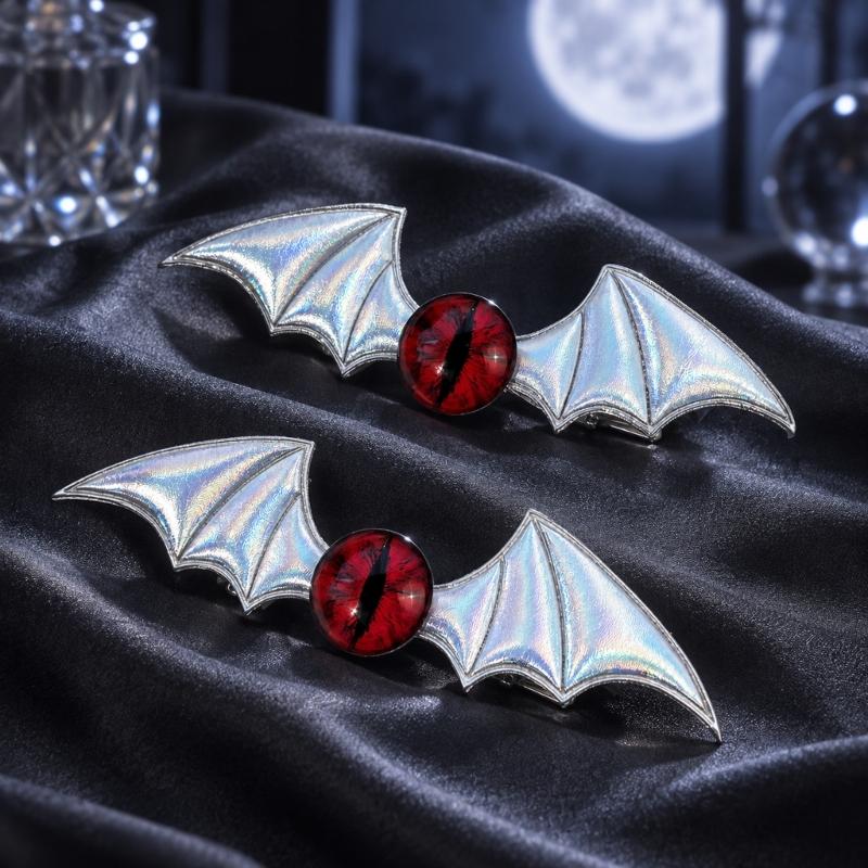 Gothic Hair Clip Set of 2 with Bat Wing Shape and Raised Red Eyeball Decors, Cosplay Barrettes for Theme Party, Stage Show and Party Photo