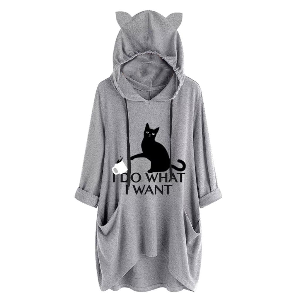 Women Casual Print Cat Ear Hooded Long Sleeves Pocket Irregular Top Blouse Shirt