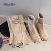 Vintage Women Trouser Legs Boots Removable Belt Buckle Autumn Winter Shoes Thick Heel Ladies Elegant Long Booties Beige Black