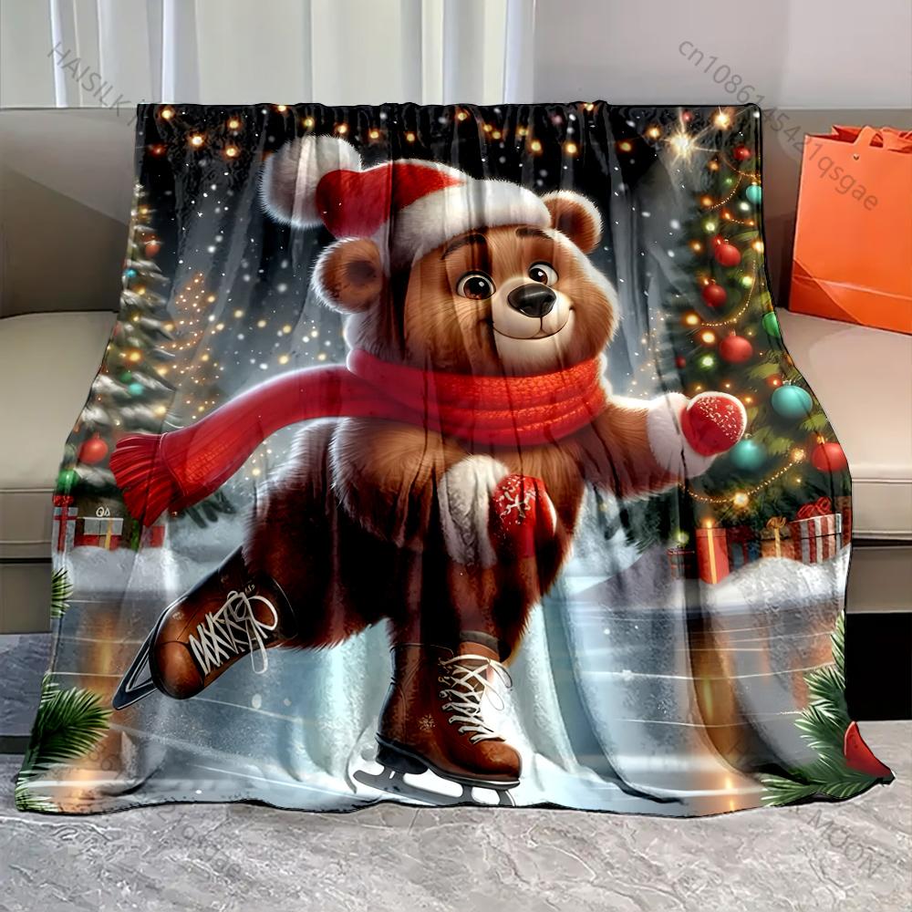 1PC Bear Skating Christmas Theme Pattern Blanket Flannel Material Soft Warm for All Seasons, Home Outdoor Camping Picnics RV