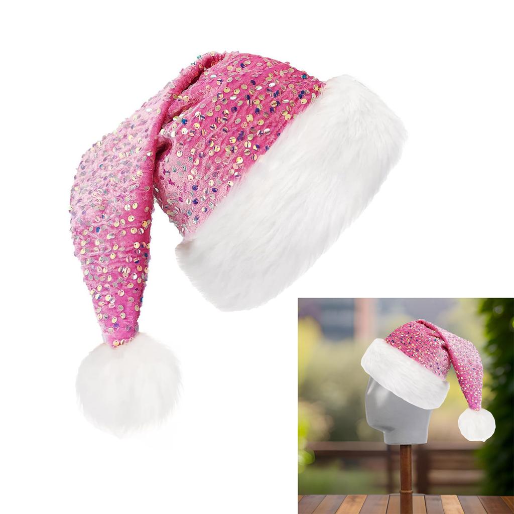 Plush Christmas Santa Hat with Sequins White Brim for Holiday Parties Giving Love New Year Party Cosplay Accessories