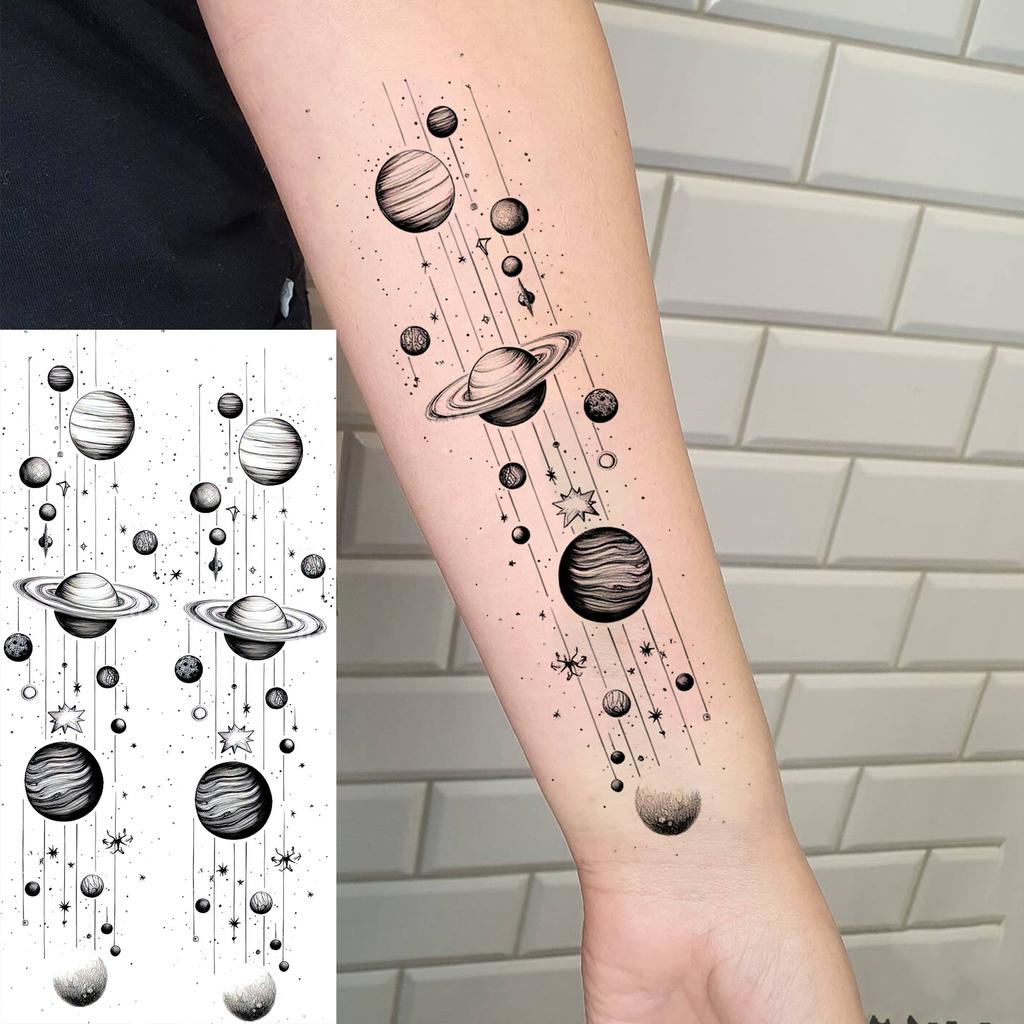 1 Sheet 3D Watercolor Universe Planets Temporary Tattoos For Men Women Long Lasting Waterproof Fake Tattoo Sticker Body Arm Art