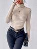 2024 Autumn/Winter High Neck V-Neck Long Sleeve Ribbed Knit Top