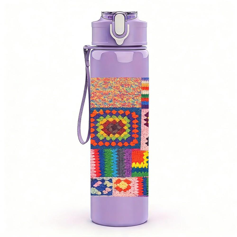 1PC Color Block Patchwork Art Print 750ml Color Plastic Sports Water Bottle Leakproof Flip Straw Lid Suitable for Sports Office Home Use