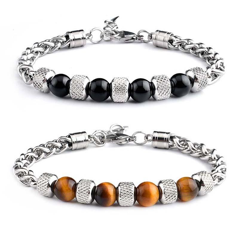 7 Stilvolle Herren Damen Gunmetal Edelstahl Kabelgliederkette Armband Natürliche Augenstein Perlenarmband