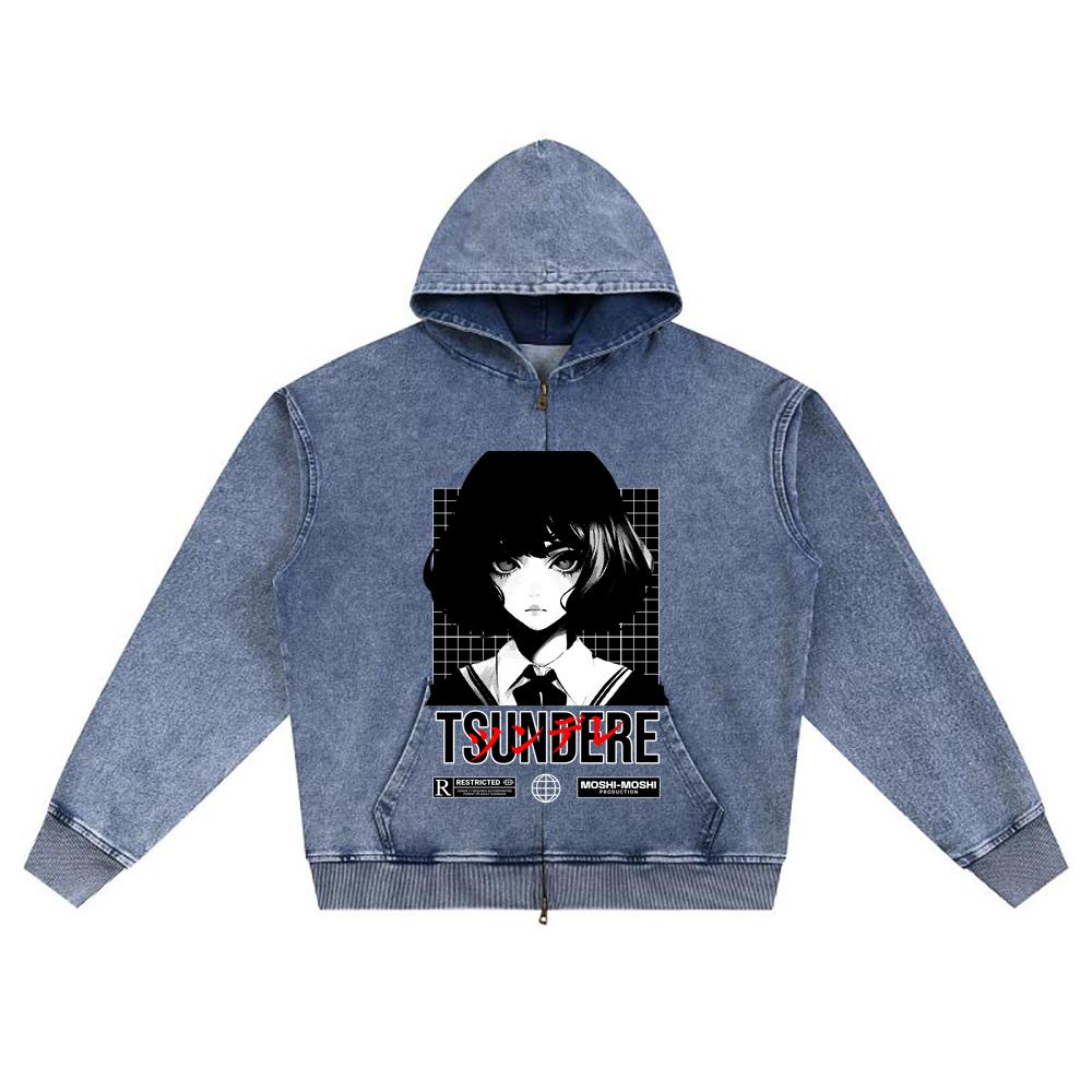 DTG-Druck Strick-Denim Zip-Up Hoodie Tsundere Anime-Charakter Bruder Druck Reißverschluss-Hoodies