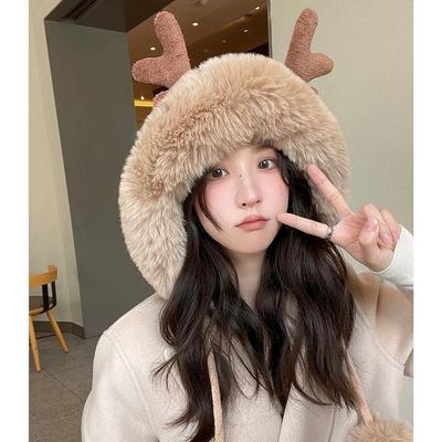 Women's Korean Style Plush Antler Pom-Pom Winter Hat with Ear Protection