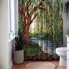 Willow Tree Shower Curtain – Stained Glass River Landscape Art, Waterproof Fabric Bathroom Decor In Green, Brown & Blue
