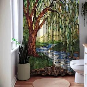 Willow Tree Shower Curtain – Stained Glass River Landscape Art, Waterproof Fabric Bathroom Decor In Green, Brown & Blue