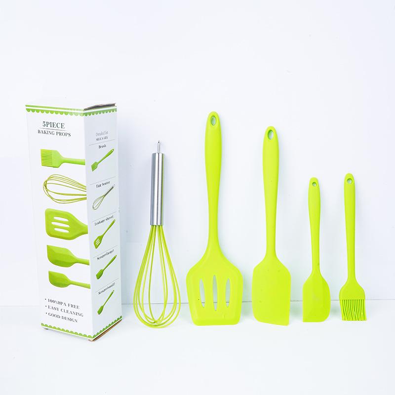Set de 5 ustensile de bucătărie din silicon: Spatulă, Pensulă de ulei, Tel și Lingură de gătit