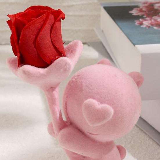 Valentine’s Day Bear Ornament with Preserved Rose Holding Eternal Flower Flocking Bear Decoration Wedding Anniversary