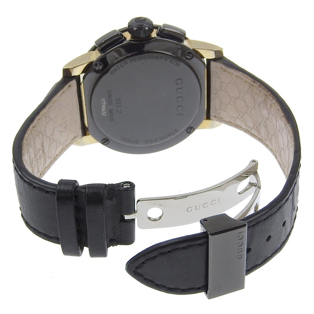 Gucci G Chrono Watches 101.2 blackDial Stainless Steel/Embossed Leather Quartz Chronograph Mens Used
