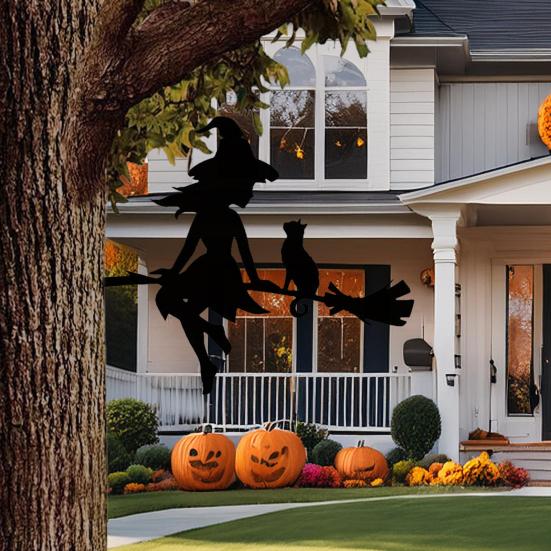 Metal Witch And Cat Silhouette Stake Halloween Insert On The Branch Yard Art Decor Black Tree Stump Sign for Outdoor Patio Lawn Courtyard Garden Decor