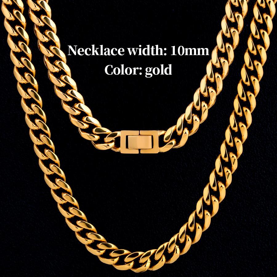 KRKC  Jewelry 8mm 10mm 12mm 18K Gold PVD Stainless Steel Miami Cuban Link Necklace Fold Over Clasp Mens Chains
