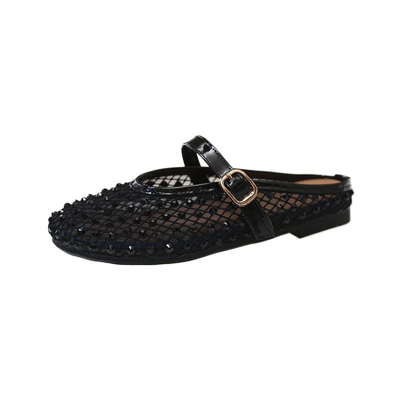 Fashion Women's Fashion Baotou Slippers Spring New Round Head Rhinestone Mesh Cloth Soft Sole Anti-slip Wear-resistant Slippers