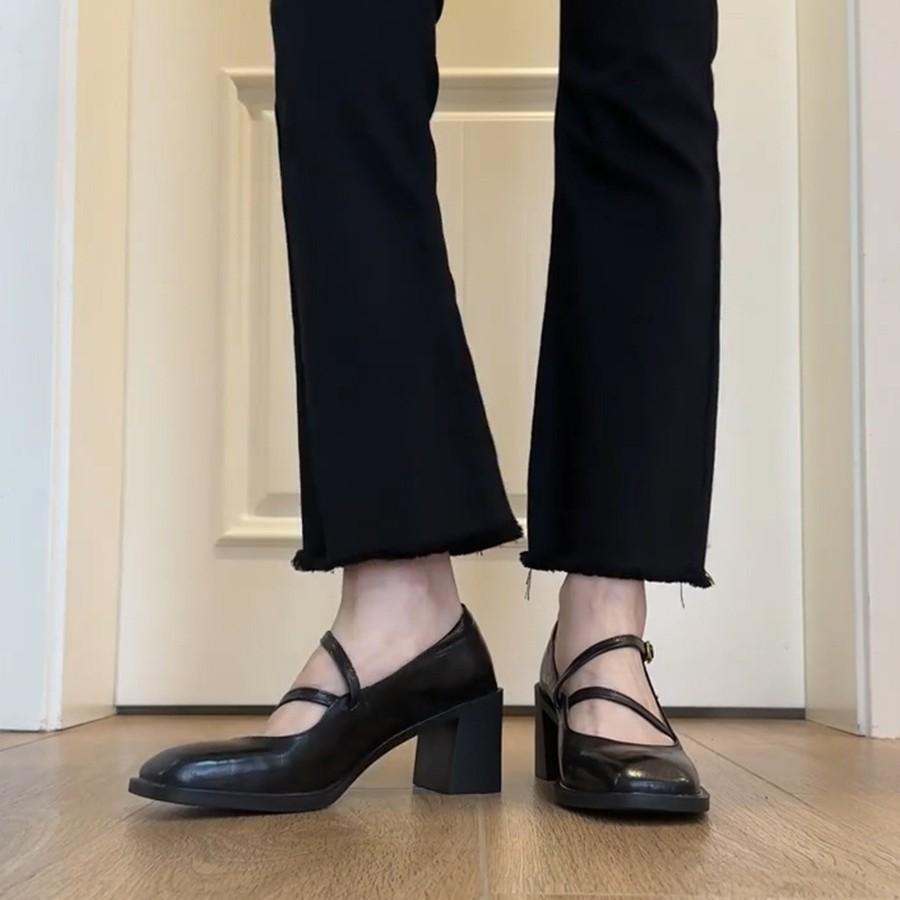 Sheepskin version~ Mary Jane high heels women's thick heels professional commuting comfortable versatile small leather shoes cross strap single shoes