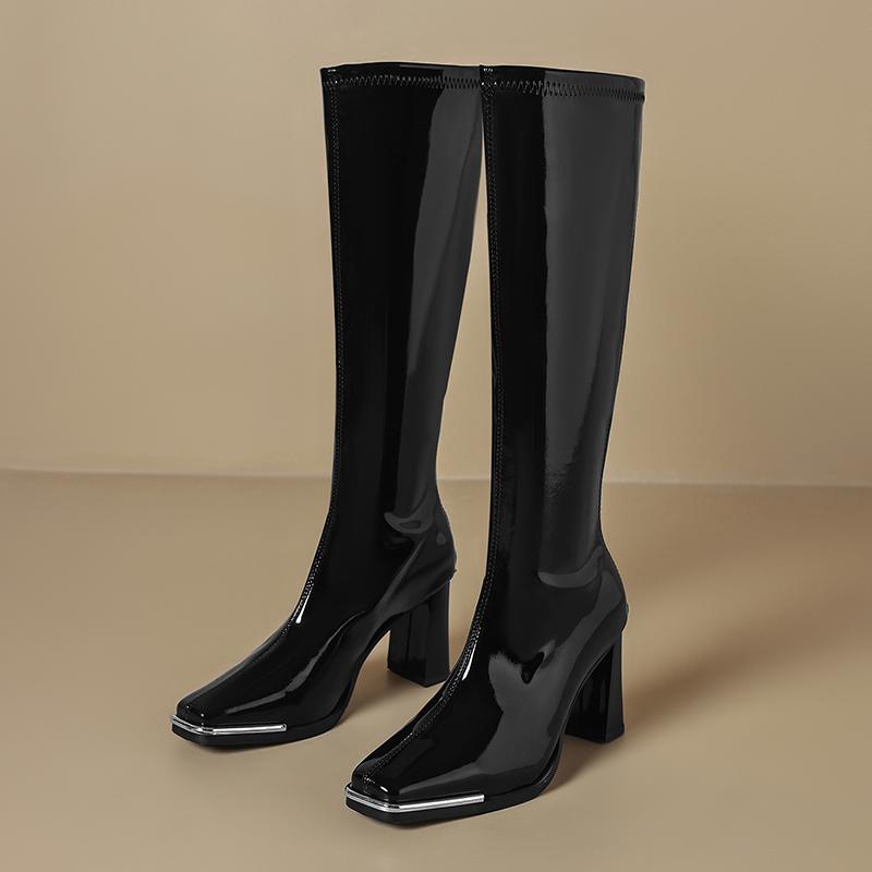 Thick Heel Women Knee High Boots Fashion Silvery Square Toe Autumn Winter Ladies Elegant Mordern Knight Long Booties