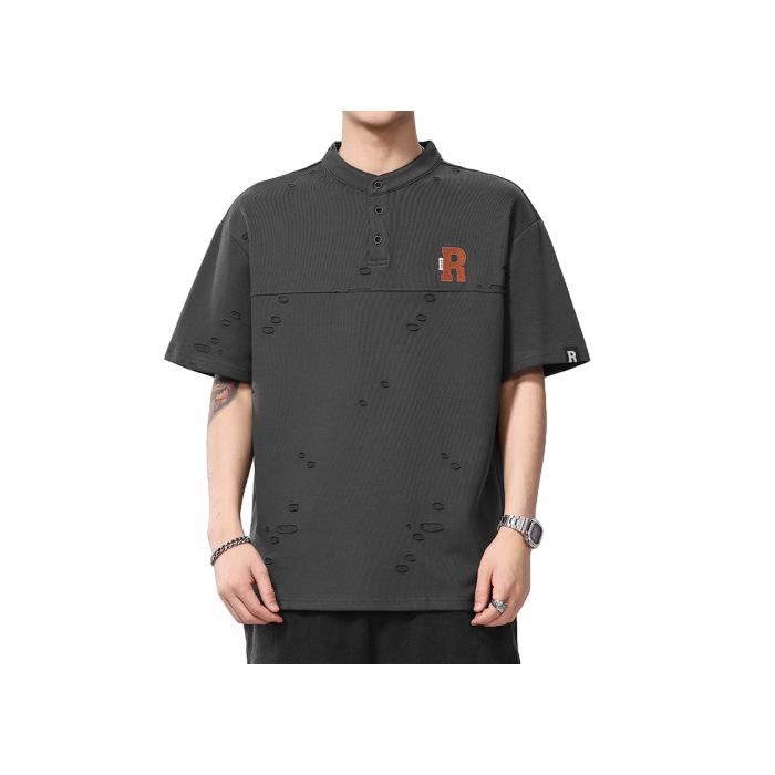 New Summer Thin Model 230g Jacquard and Ripped Laughing Hole Japanese Retro Collar Male T M