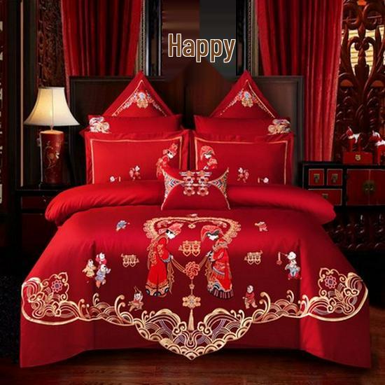 Luksusowy zestaw pościeli ślubnej z haftowanymi Smokiem i Feniksem - 4-częściowa, świąteczna, czerwona kołdra dla nowożeńców