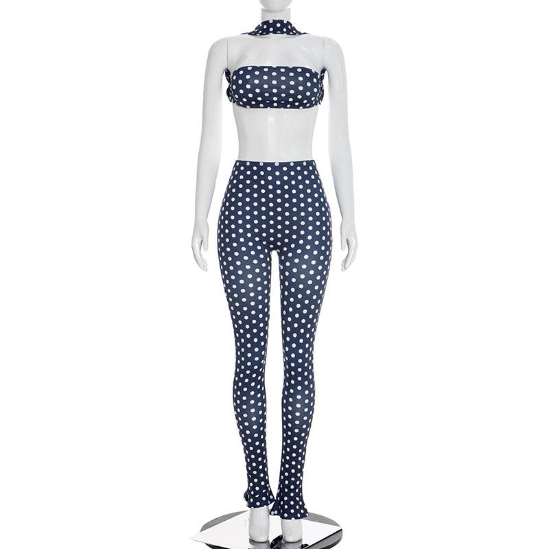 European & American Women's Polka Dot Halter Backless Two-Piece Set: Tight Long Pants