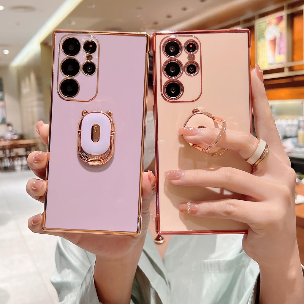 Suitable for Galaxy S23U mobile phone case electroplated bear Samsung S20FE Apple 17 bracket ring protective case