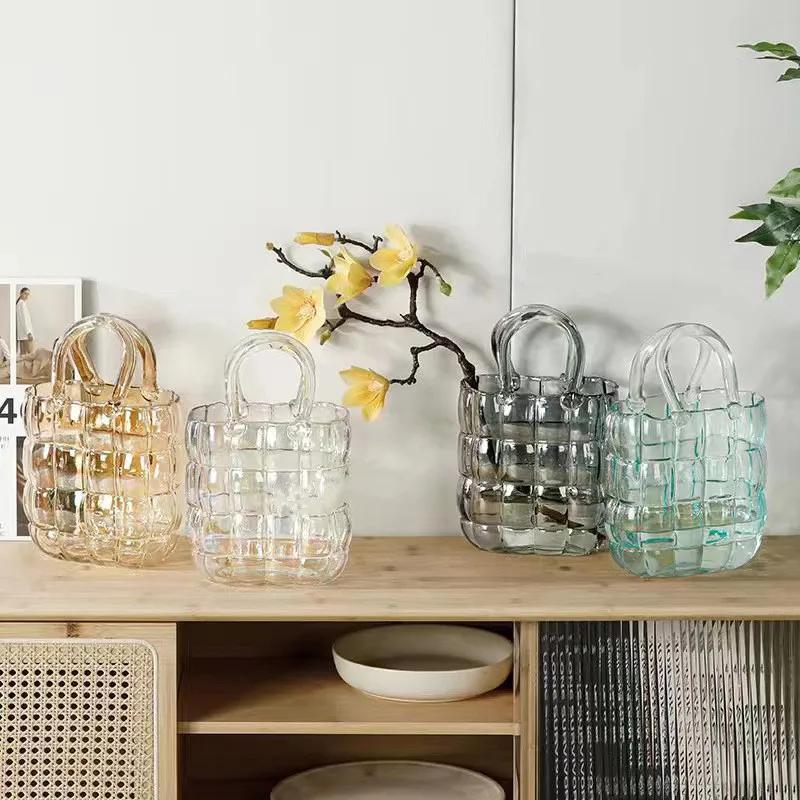 Clear Glass Vase Bag Handbag Basket Transparent Terrarium Flower Vase Floral Arrangement Accessories Living Room Decoration