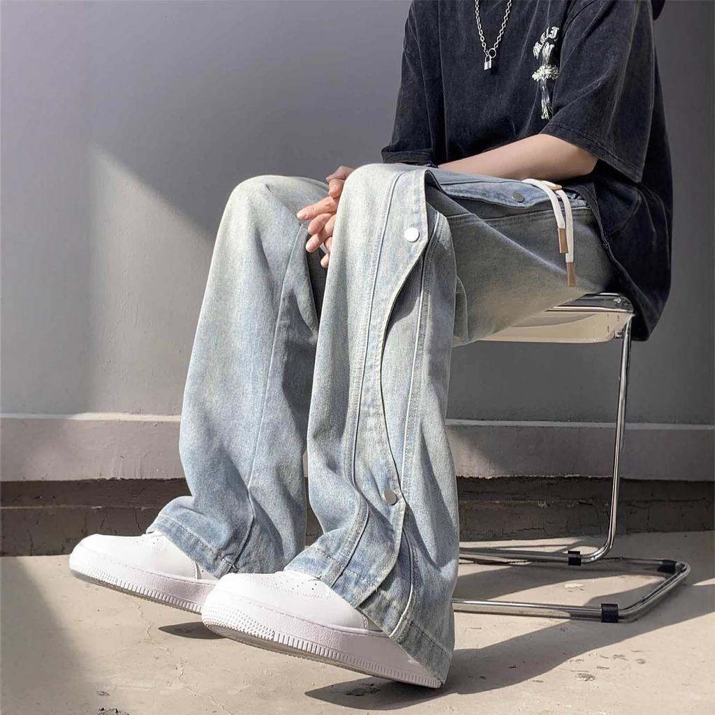 JYL Men's Wide-Leg Jeans American Trendy Summer Niche Loose Washed Straight Denim