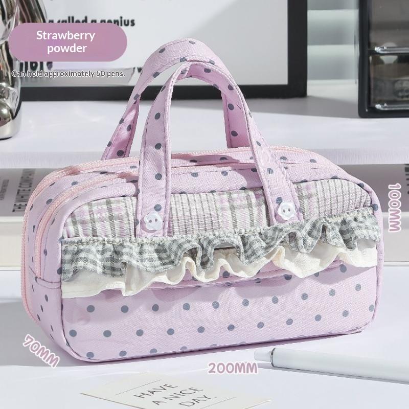 Plaid Polka Dot Lace Pencil Case Large Capacity Multi Compartment Clear Itabag Handheld Pen Bag