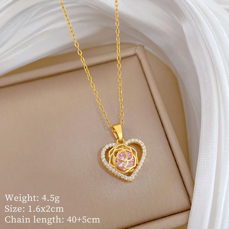 Titanium Steel, Love Roses Full Of Diamonds, Gorgeous Temperament Full Of Diamonds, Necklace, Women S Versatile Collarbone Chain, Titanium Steel Chain